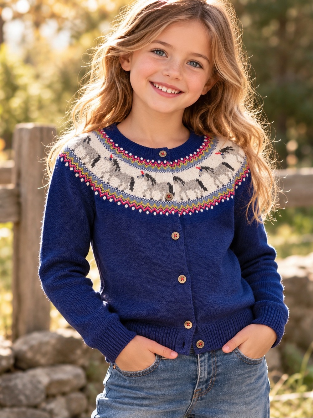 Mini Boden Girls Edie Fair Isle Unicorn Horse Cardigan 7-8Y Navy Wool Blend whim